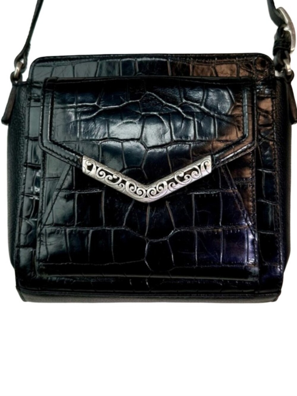 Black Croc-Embossed Leather Crossbody Bag with Silver Trim & Organizer